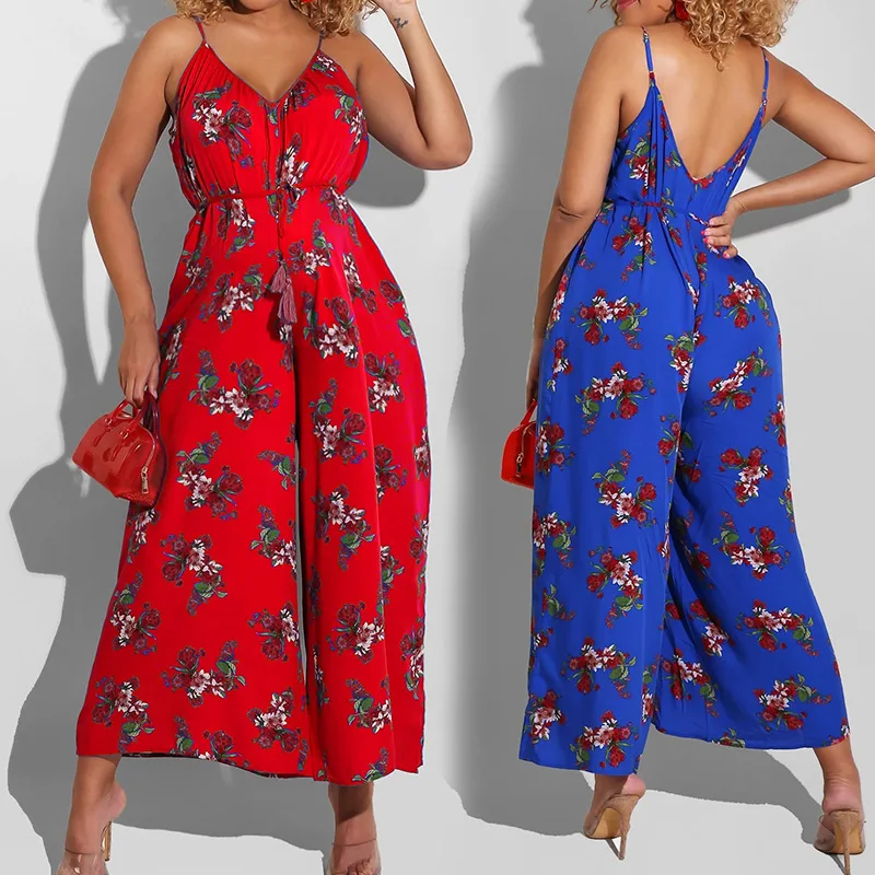 2023 New Floral Print Suspenders V-neck Loose Wide-leg Jumpsuit Sleeveless Wide-leg Jumpsuit High Waist Loose One-piece Jumpsuit