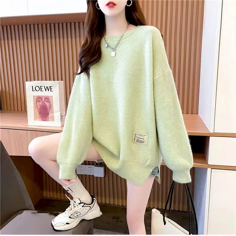 

Solid Color Knitted Pullovers Women Autumn Winter Trendy Loose Casual Sweaters Fashion Hem Split Pullover Coat O-Neck Sweater