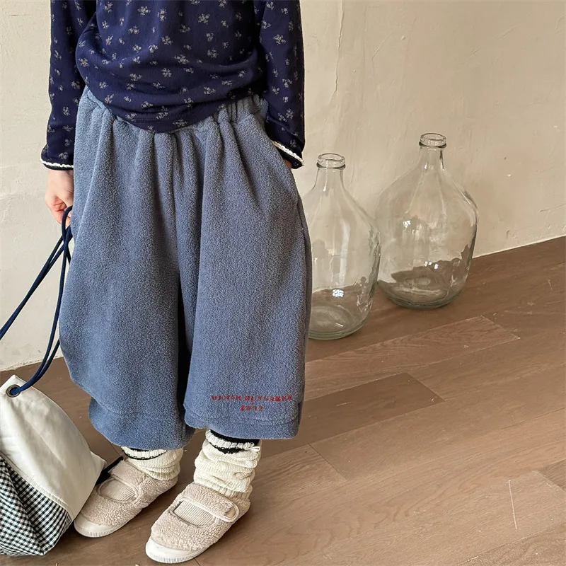 2024 Winter New Children Fleece Warm Pants Boys Casual Pants Plus Velvet Thick Girls Letter Trousers Kids Loose Harem Pants