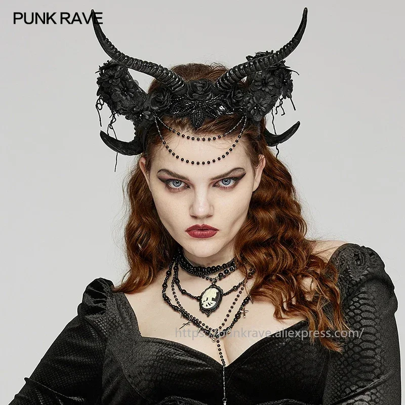 PUNK RAVE Women's Gothic Exquisite Decal Dark Demon Horn Headwear Visual Impact Party Club Cosplay Halloween Accessories