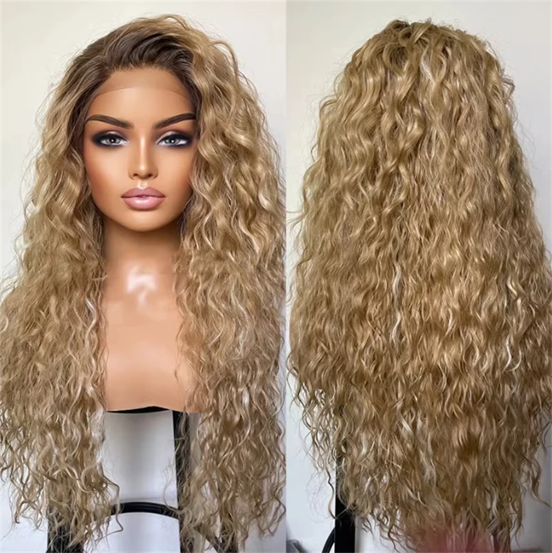 

Loose Afro Curly Lace Front Wigs for Women Honey Blonde with Ash Brown Rooted Synthetic Lace Frontal Wig Glueless Cosplay Party