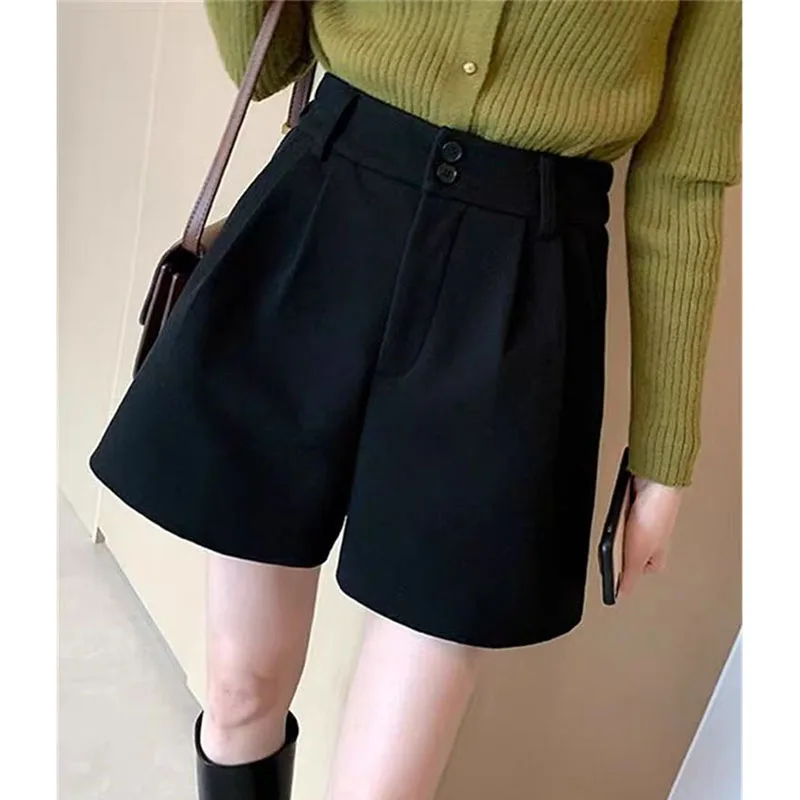 Korean Female High Waist Woolen Shorts Autumn Winter Ladies Leisure A-line Wide Leg Boots Pantalons New Women Fashion Trousers