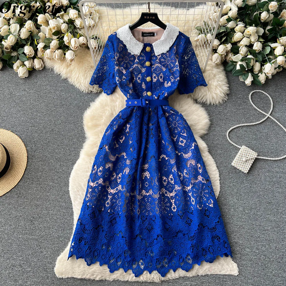 Runway Designer Luxury Lace Party Dress Vintage Lapel Short Sleeve Belt Summer Dress Gold buttons Hollow Out A-line Robes Femme