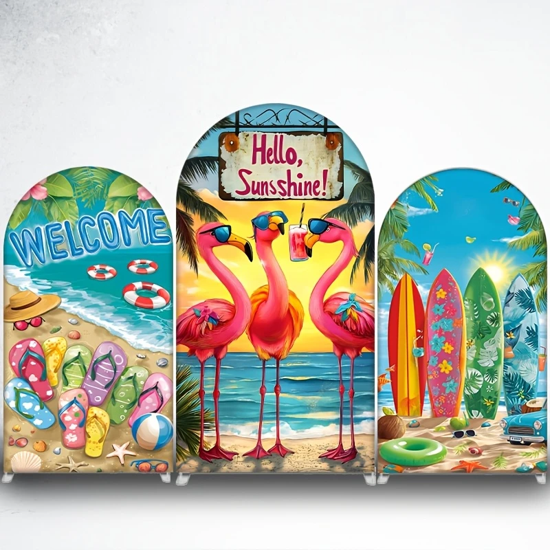 VIKAMA Hello Sunshine Housse de toile de fond en spandex motif flamant rose, arche, plage estivale, planche de surf, palmier, pour décoration de fête Luau et de piscine