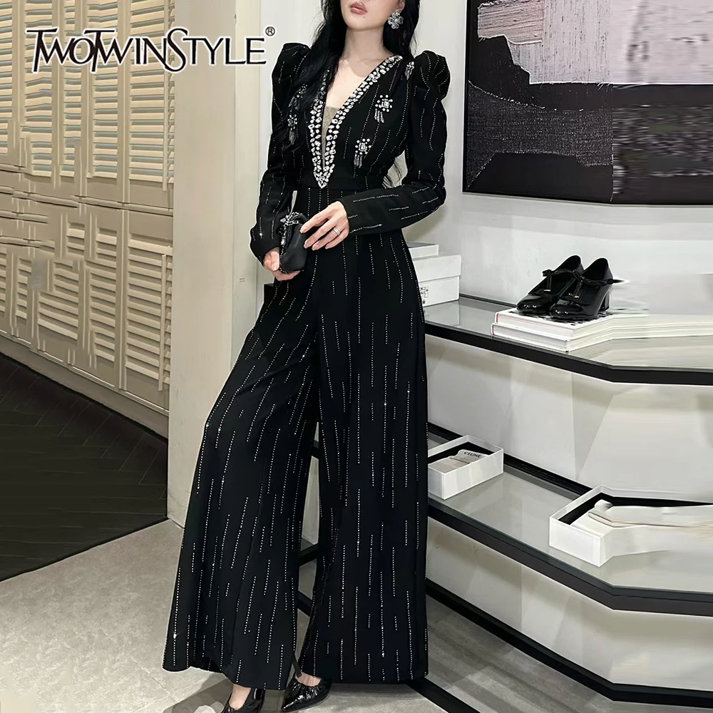 

TWOTWINSTYLE черный комбинезон с бриллиантами, женский офисный женский комбинезон с v-образным вырезом и пышными рукавами, осенний новый модный стиль