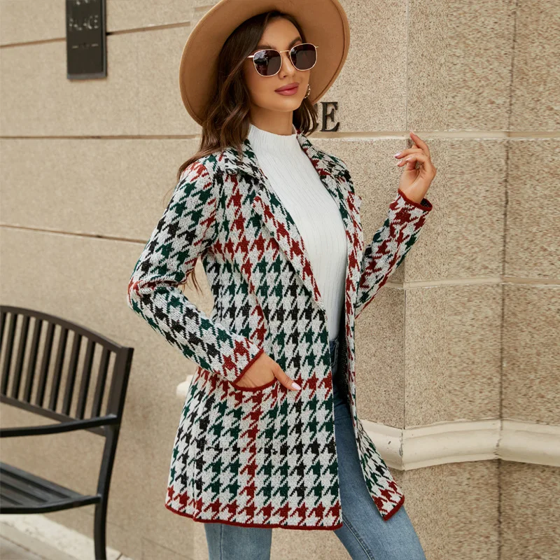 

Women's Trench Coat 2023 Autumn And Winter New Contrast Color Thousand Bird Grid Commuter Casual Large Size Coat