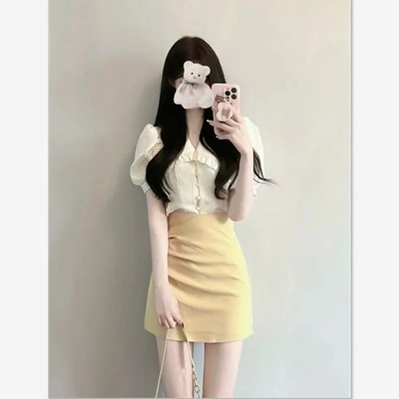 Internet celebrity fashion 2024 summer gentle style doll neck bubble sleeve shirt high waist wrapped hip half skirt women's set