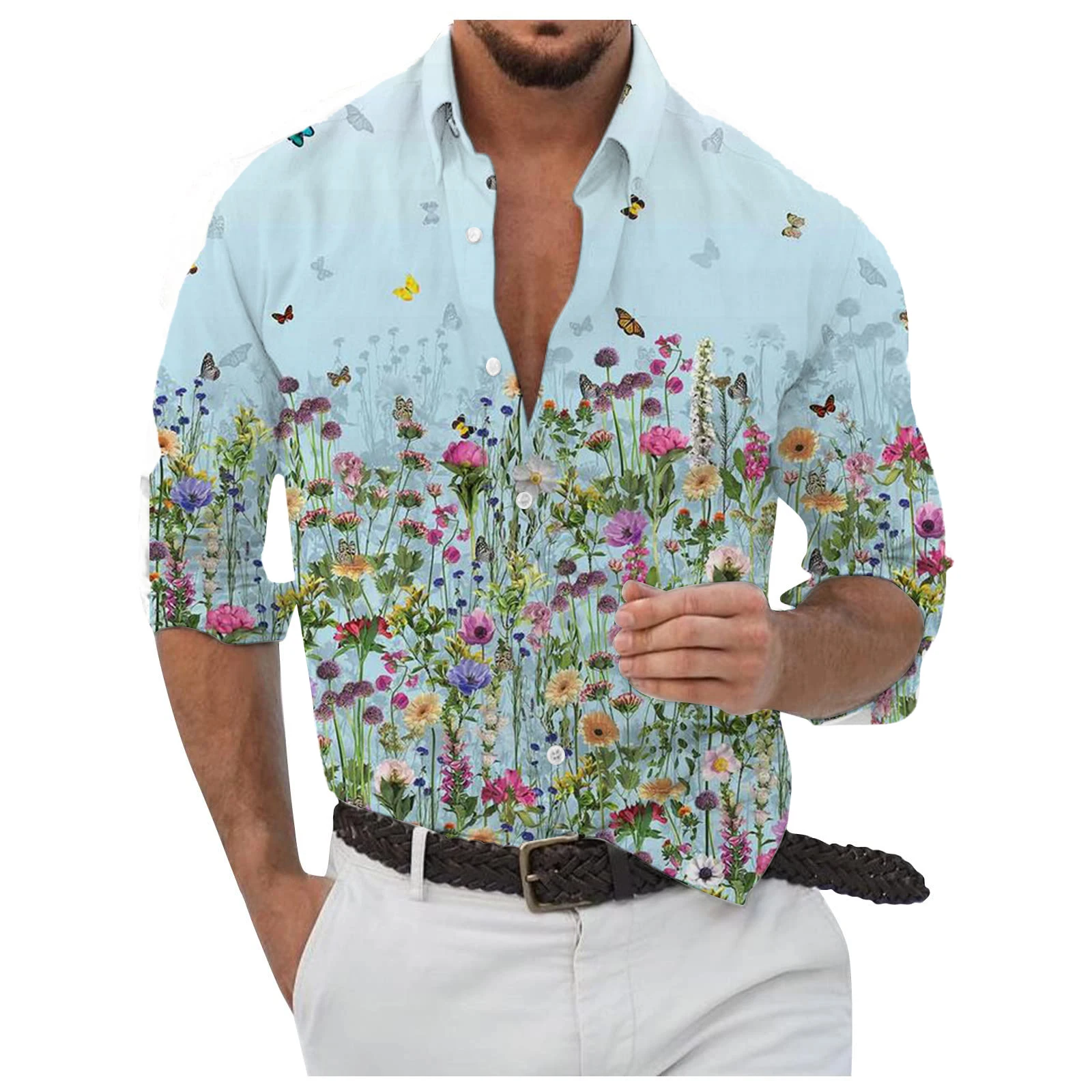 

3D Printed Flowers And Green Grass Casual Men's Button Up Long Sleeve Shirt Evening Daily Outdoor Shirt Collar Men's Clothing