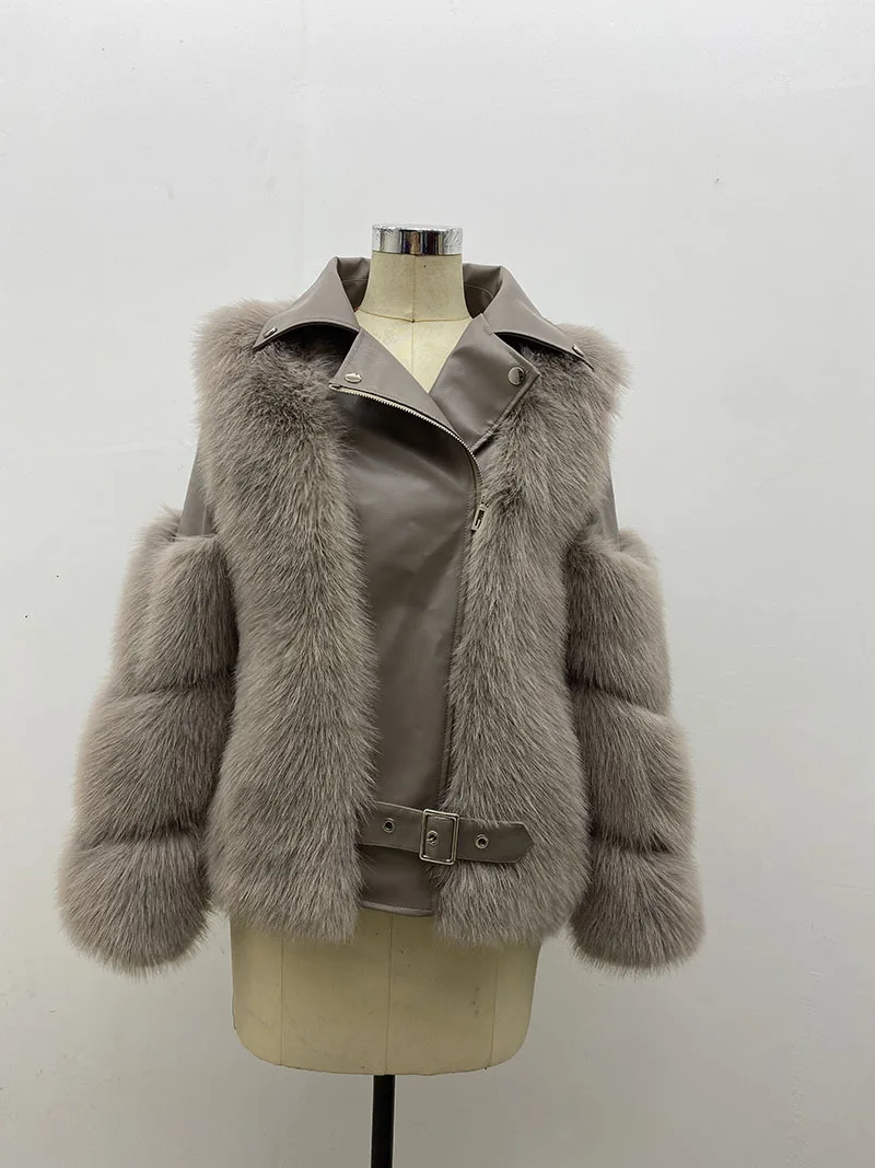 

Spring Female Imitation Leather Jacket Model One Fur Parkas Biker Overcoat Office Lady Faux Fox Fur Winter Women Zipper Jacket