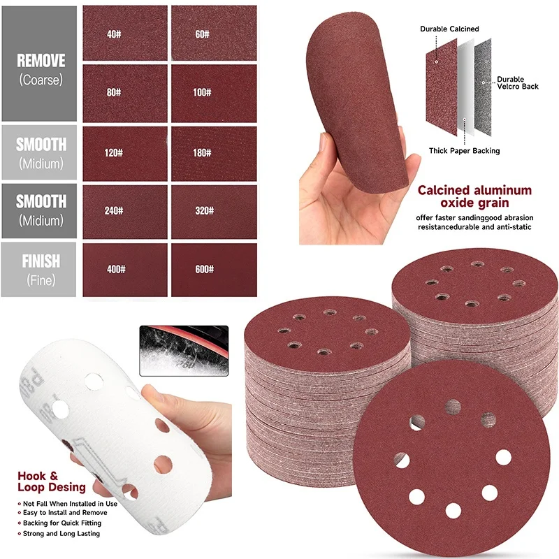 100 Pieces of 5-Inch 8-Hole Sandpaper - 40-600 Grit - Perfect for Random Orbital Sanders!