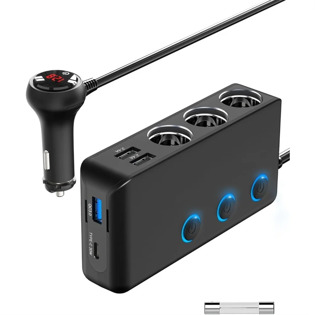 

Car Charger Splitter 200W 3 Socket Cigarette Lighter Adapter with PD30W USB-C Multi USB Car Charger DC Outlet