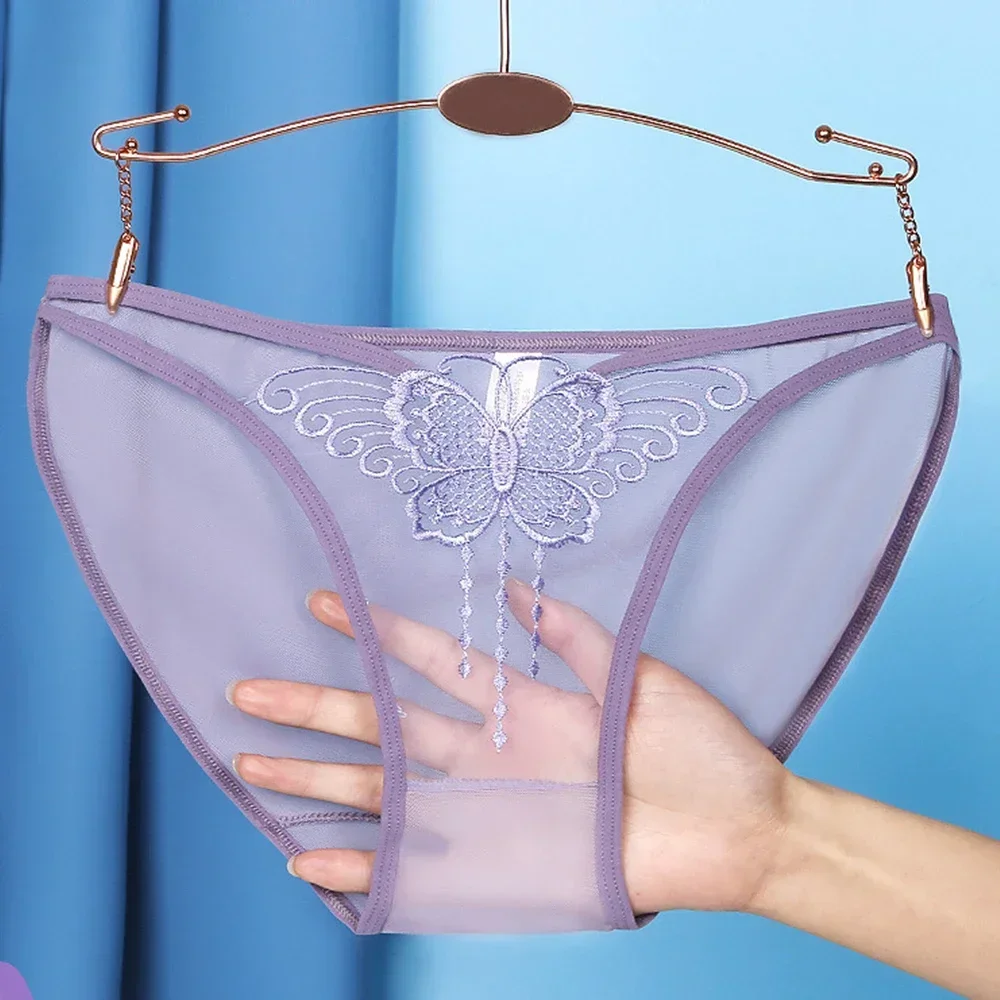 

Women Ultra Thin Underwear Lace Mesh Embroidery Comfortable See-through Tulle Netting Sheer Breathable Large Size Briefs