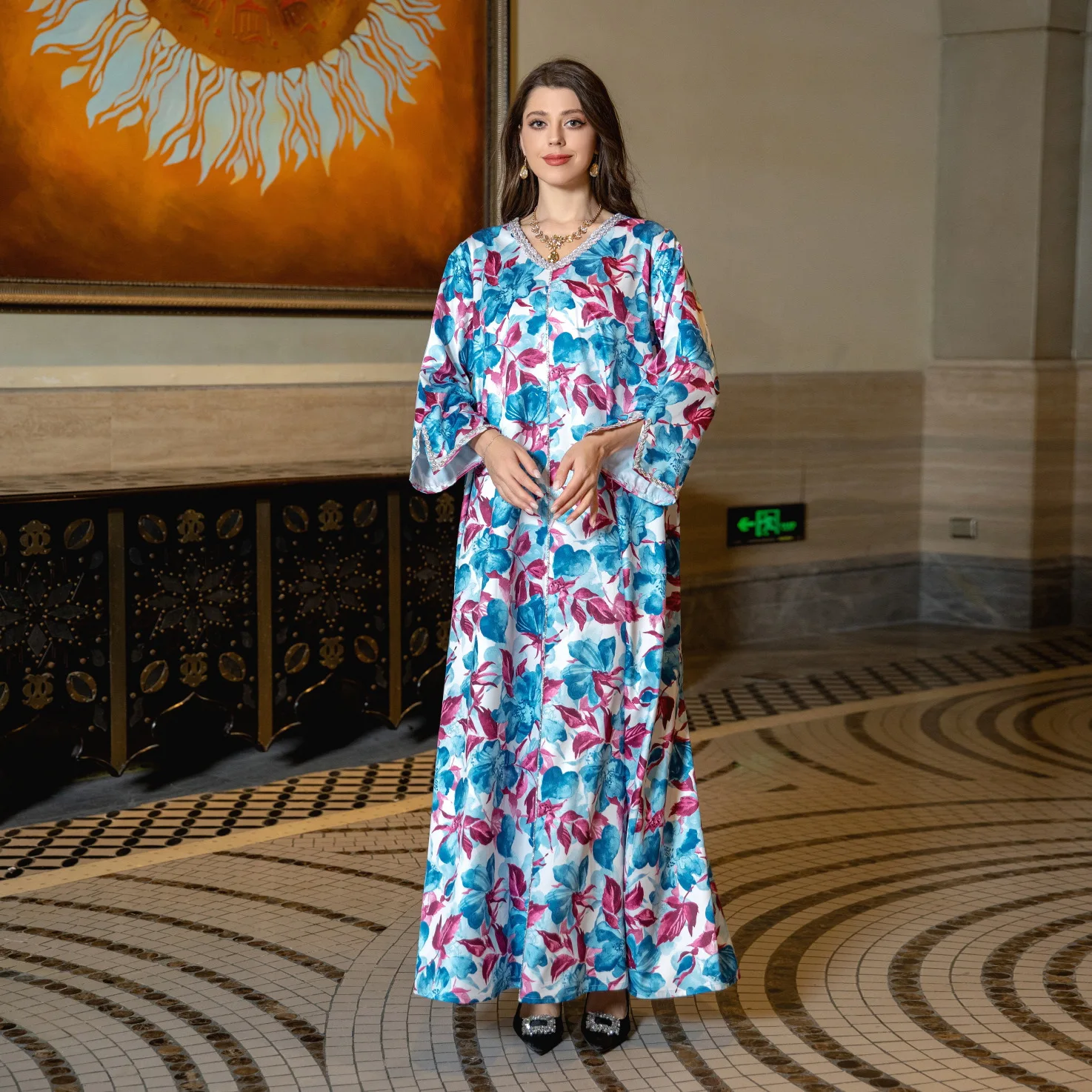 AB334 Fashion Print Dress Saudi Arabia Dubai Muslim Spring Robe Fried Dough Twists Diamond Hot Drill