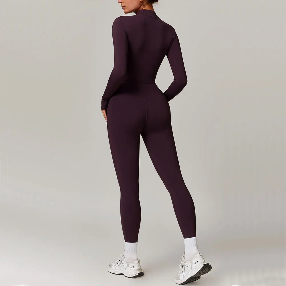 One Piece Yoga treino conjunto para mulheres, macacão de manga comprida, zíper, fitness, esportes, bodysuit, academia, push up, roupas de treino, roupas esportivas