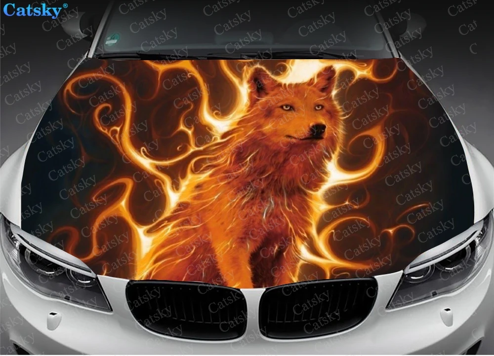 Custom Animal Fire Wolf Car Hood Protect Vinly Wrap Sticker Decal Auto Accessories Decoration Engine Cover for Off-road Pickup