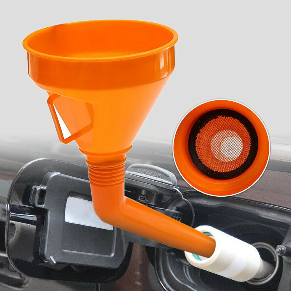 1Pcs Universal Detachable Flexible Car Water Oil Funnel Petrol Diesel W/ Spout & Filter Orange Removable strainer brass