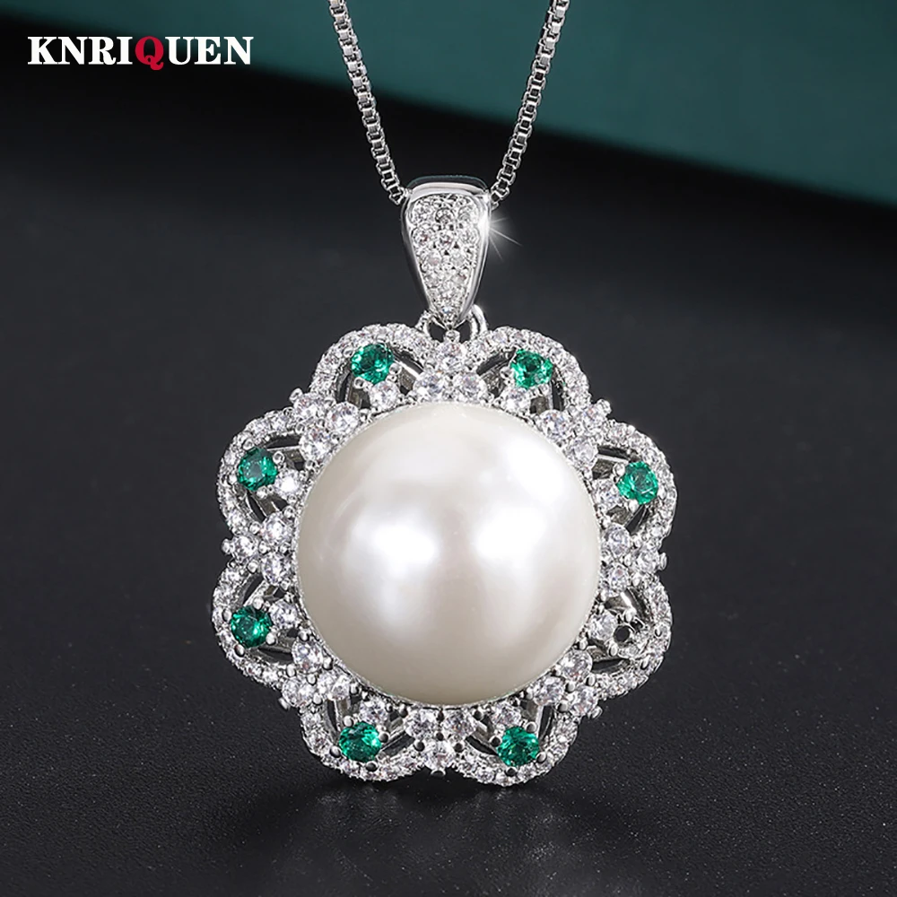 

2022 Charms 16mm Black White Big Pearl Pendant Chains Necklace for Women Lab Diamonds Luxury Anniversary Gift Party Fine Jewelry