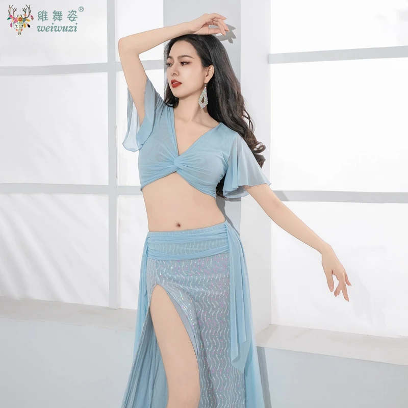 BellyDance Performance Costume for Women's Sexy V-neck Top+Sequins Long Skirt 2pcs Adult Oriental Belly Dancing Practice Clothes
