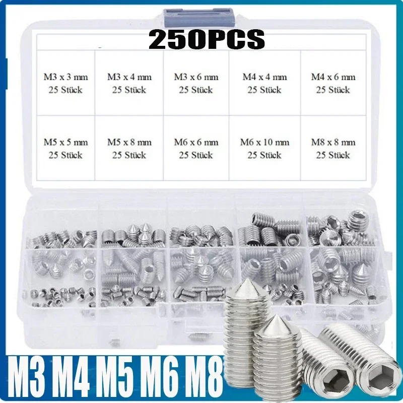 250PCS Socket Head Hex Set Screw Assortment Grub Screw Cup- Metric 304 Stainless Steel M3 M4 M5 M6 M8 Cup Point Grub Screw Set