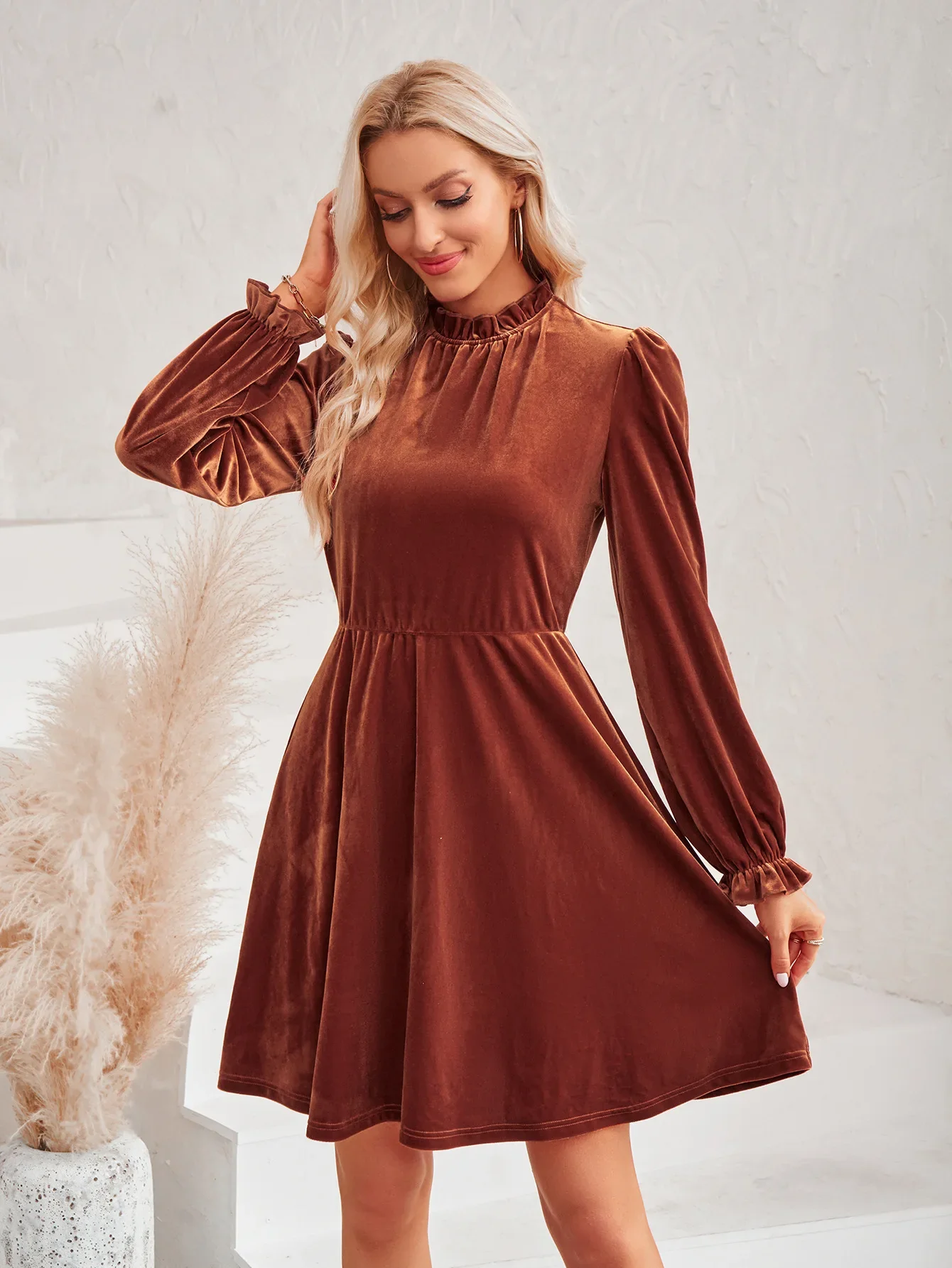 

Half High Neck Velvet Solid Dress Women Long Sleeve Autumn Winter Bottomed Dresses Fashion Spring Vestidos Streetwear Clothing