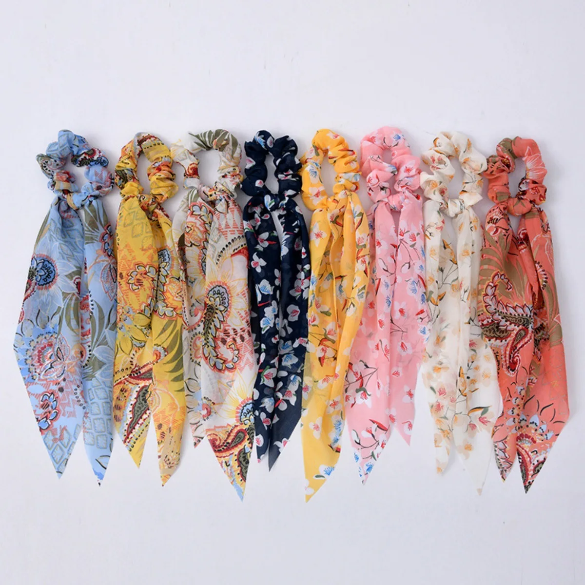 Chiffon Floral Print Scrunchy Ribbon Triangle Scarf Advanced Women Ponytail Hair Tie Headwear Sturdy