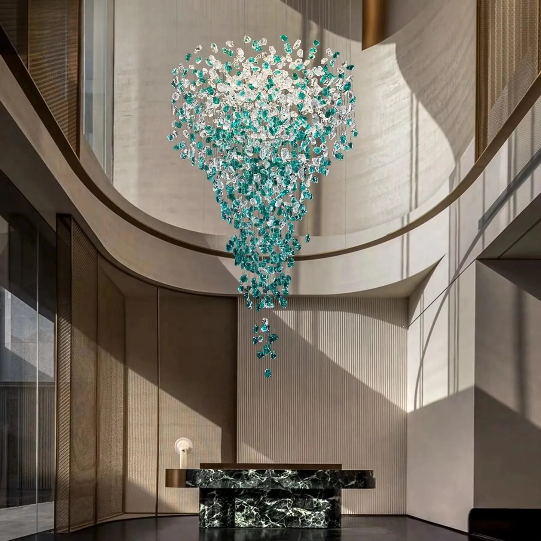 Luxury Large Green Crystal Stone Chandelier for Lobby Loft Staircase Project Modern LED Color Crystal Hanging Chandelier Custom