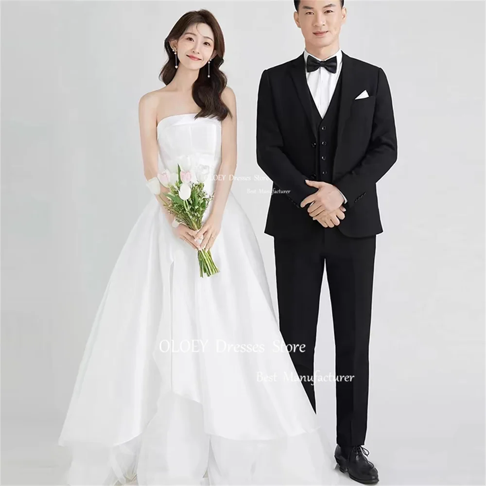 OLOEY Elegant Ivory Strapless A Line Wedding Dress Korea Photoshoot Sleeveless Pleat Satin Tulle Bridal Gown Floor Length Custom