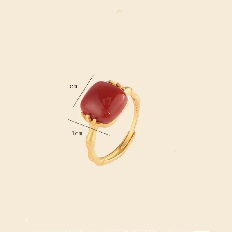 S925 Pure Silver Gold-plated Southern Red Agate Personalized Bamboo Ring Women's Retro Jade Temperament Jewelry