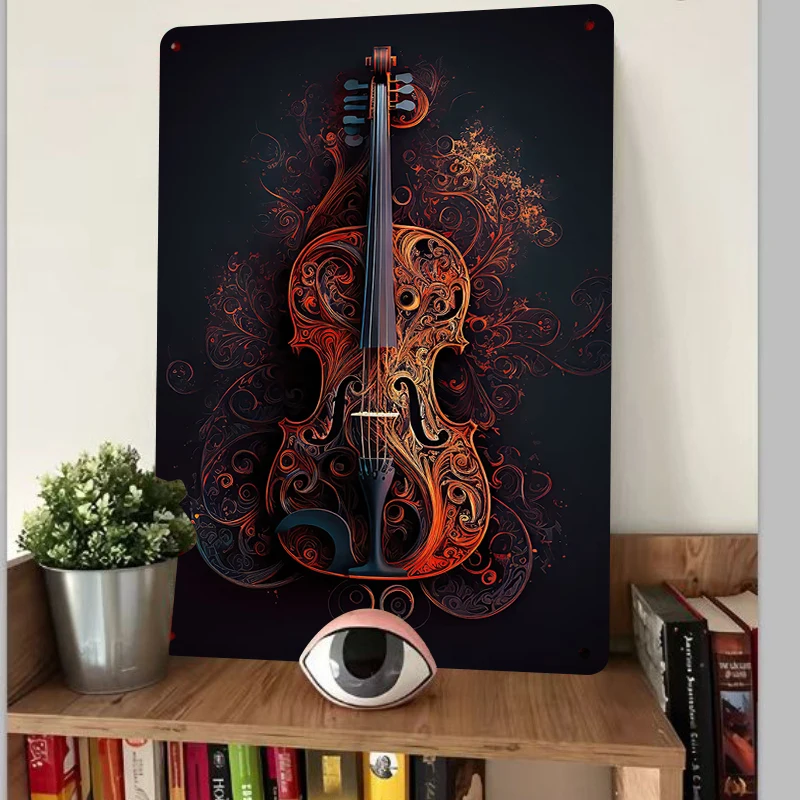Ornate Vintage Violin Pattern Metal Tin Painting Home Decor Wall Art Living Room Bedroom Study Hanging Decoration