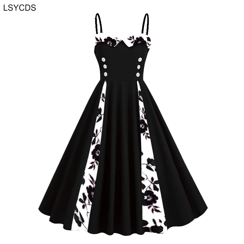 LSYCDS Sweetheart Neck Spaghetti Strap Double Breasted Long Women Dress 50s Pinup Vintage Polka Dot Ladies Party Sexy Dresses