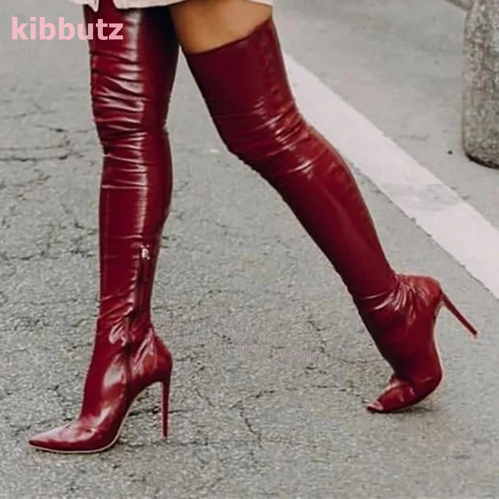 Soft Patent Leather Burgundy Boots Over The Knee  Stretch Thigh High Stiletto Pointed Toe Sexy Elegant Fashion Women Shoe Newest