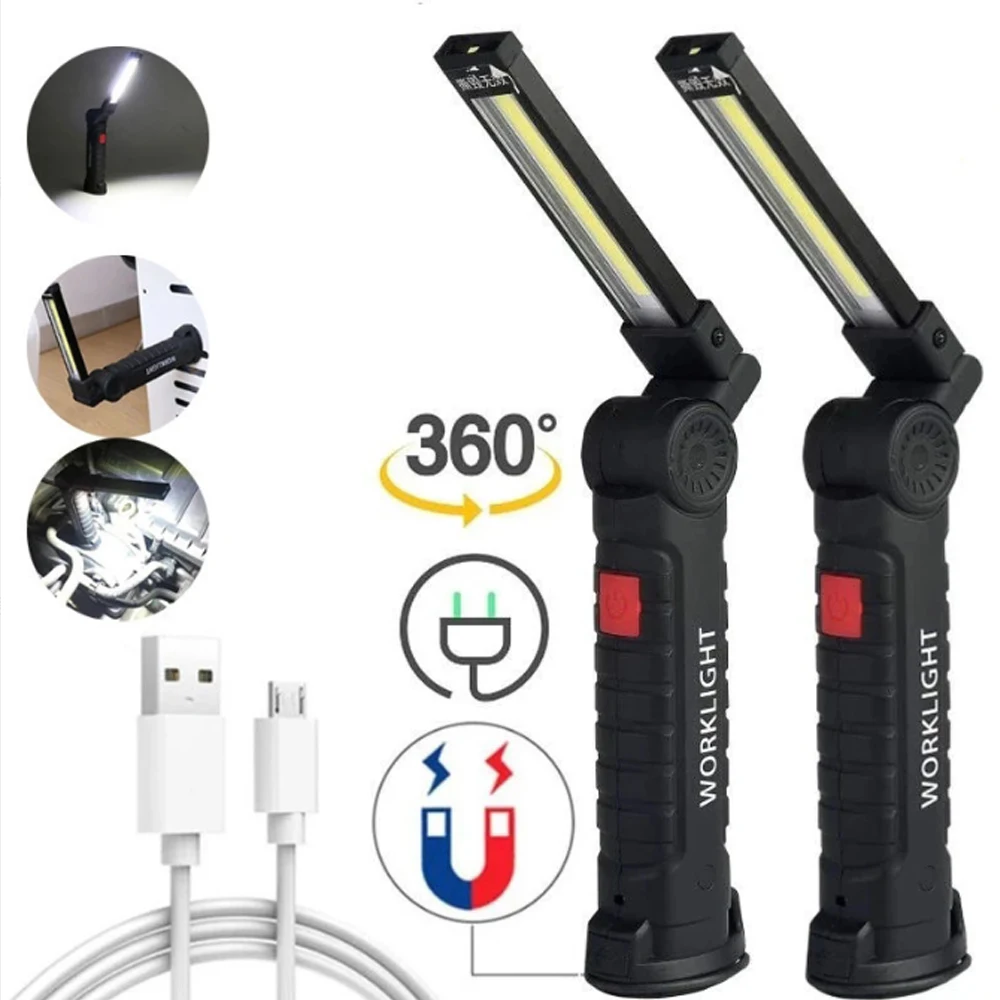 COB LED Folding Flashlight Portable Magnetic Work Light Lantern USB Rechargeable Emergency Repair Camping Torch Lamp With Hook
