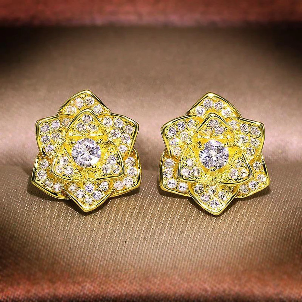 Huitan Full Bling Iced Out Flower Earrings for Female Gold Color/Silver Color Crystal CZ Ear Piercing Earrings Wedding Jewelry