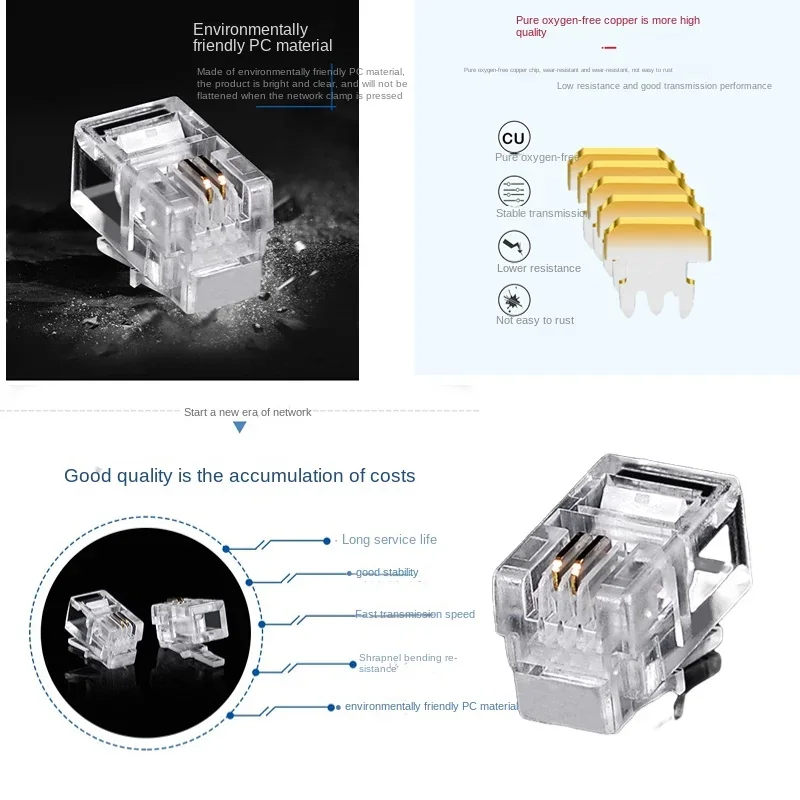 หัวต่อ RJ11 Cat3แบบ Cat.3 4P2C โมดูลาร์หัวปลั๊กคริสตัลโทรศัพท์อัดชุบทอง (100ชิ้น)