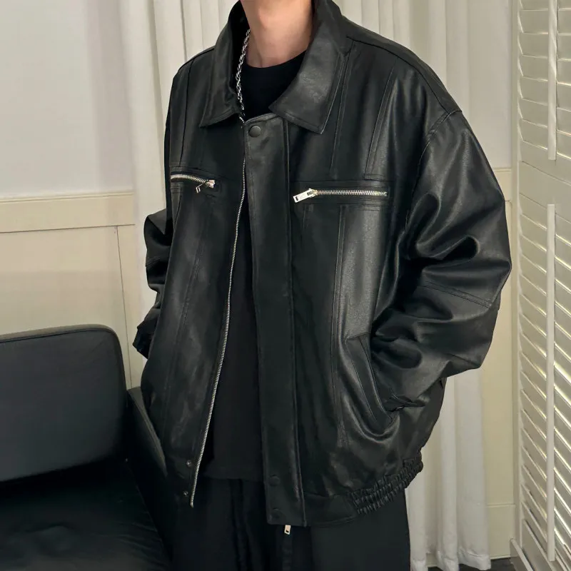 

Short Black Leather Jacket Men's Spring Autumn Trendy Brand Motorcycle Jacket Youthful Style Windproof Long Sleeve Zipper Clo...