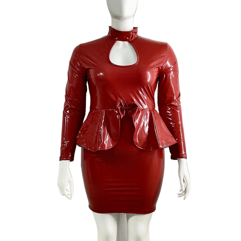 Women's Sexy Hollow-out Mini Dress with Peplum, Elegant Lady Bodycon, Zipper Back Short Dress, Wetlook, PVC Leather Party Dresse