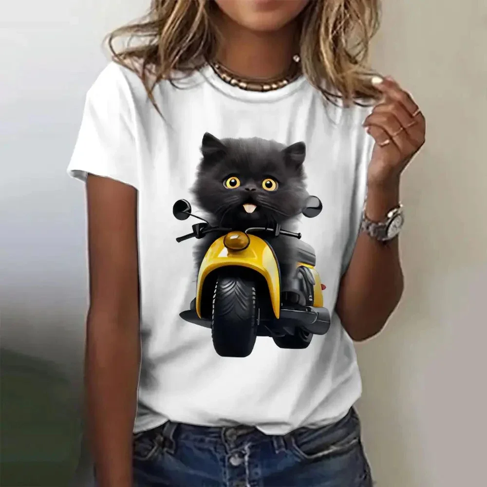 Funny Black Cat Printed Women T-shirt Summer Short Sleeves Streetwear Tshirt Fashion Casual T Shirt Round Neck Retro Women Tops