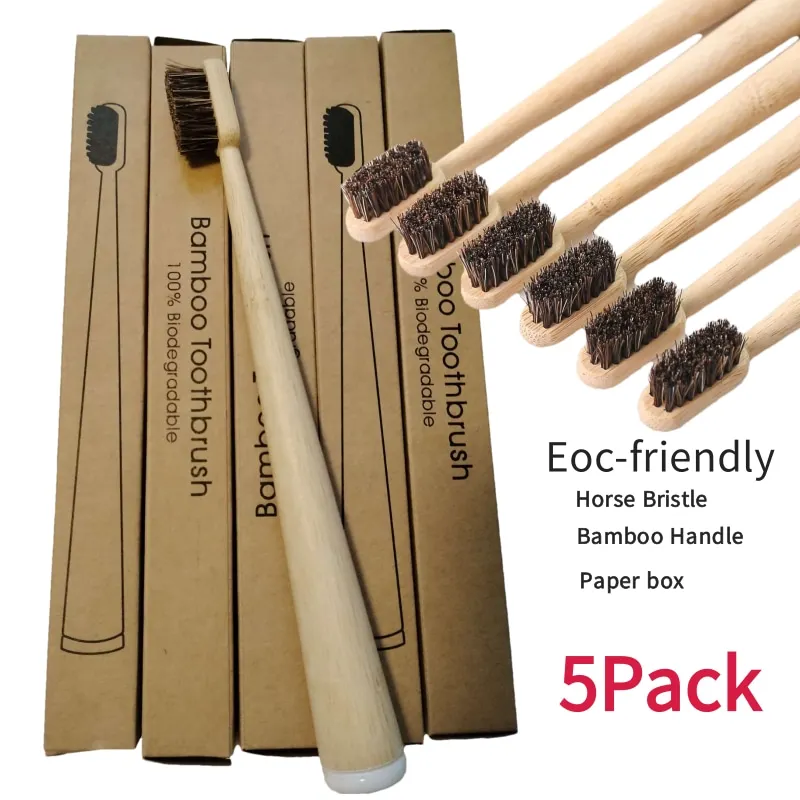 5Pcs Horsehair Bamboo Toothbrush Soft Natural Bristle Bamboo Toothbrush Compostable Biodegradable Zero Waste Plastic Free
