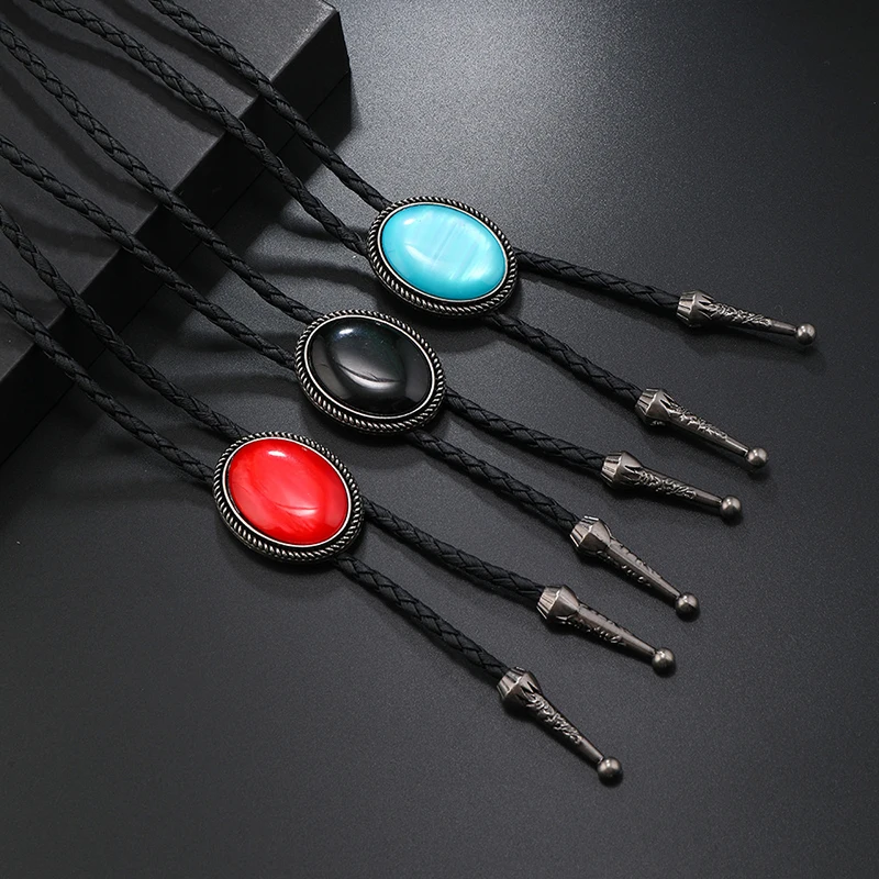 

Цельное ковбойское галстук-боло в стиле вестерн, винтажное кожаное ожерелье для мужчин, ретро акриловое ожерелье с драгоценными камнями