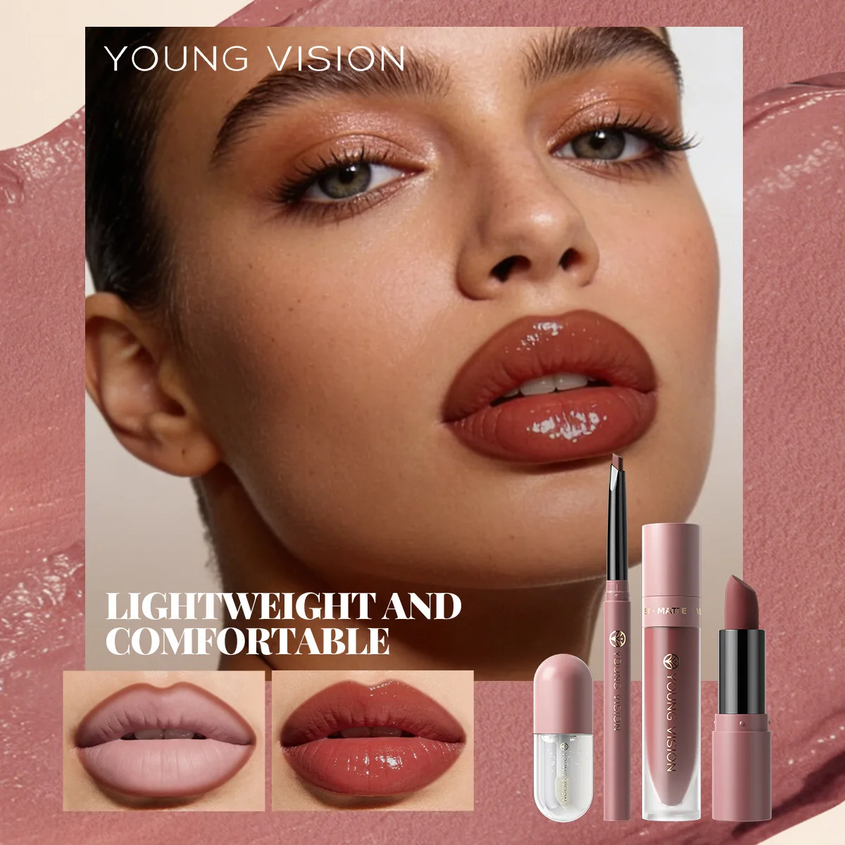 YOUNG VISION Set 4Pcs Lip Makeup Kit  Liner Lipstick Liquid Lip Oil 8 Colors Optional Matte Velvet Lip for Daily Party Makeup