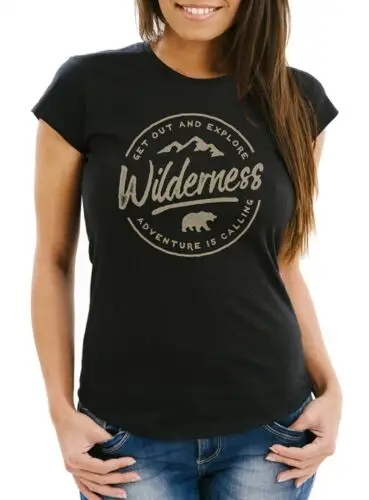 Damen T-Shirt Adventure Logo Berge Mountain Bär Wilderness Schriftzug Fashion