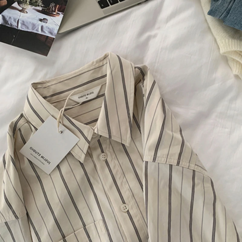 Summer New Long Sleeve Casual Stripe Shirt for Women Clothing Elegant Loose Women Blouse Button Up Simple Office Lady Shirts 705