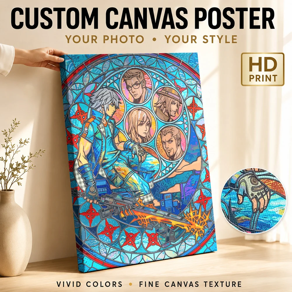Póster de lienzo enmarcado con arte de vitral de Kingdom Hearts, arte de pared personalizado de anime y videojuegos para decoración de dormitorio, listo para colgar