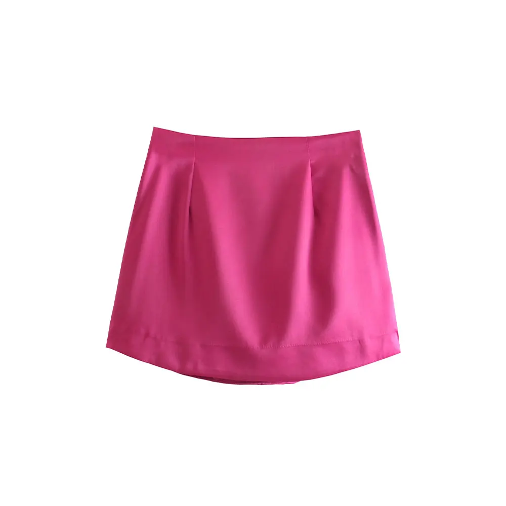 DUOPERI Women Fashion Solid Satin Mini Skirt High-waist Side Zipper Skort Chic Lady Short skirts