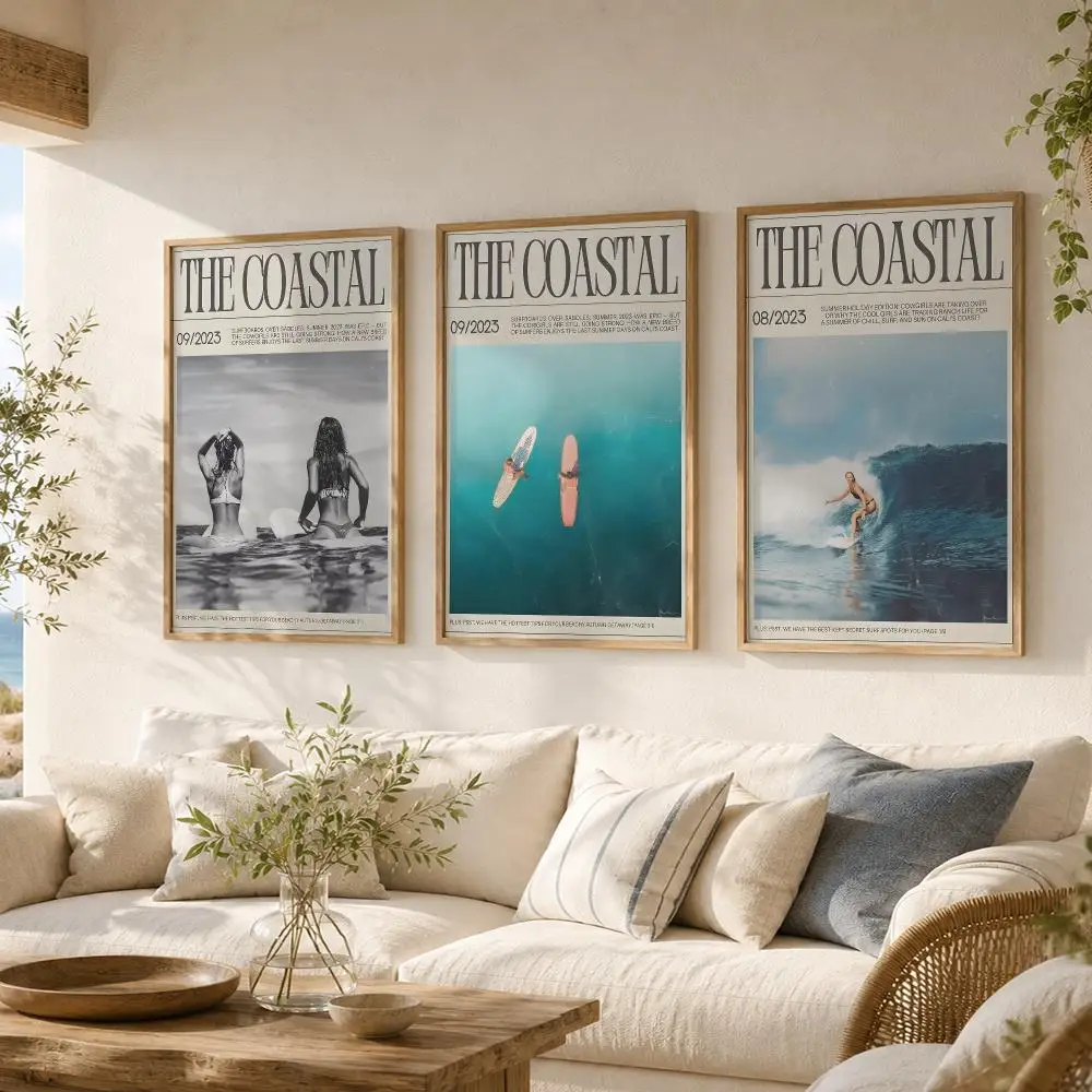 Trendy Sports Surfing Newspaper Surfer Girls Calligraphy Canvas Painting Wall Art for Living Room Bedroom Home Decor Decals