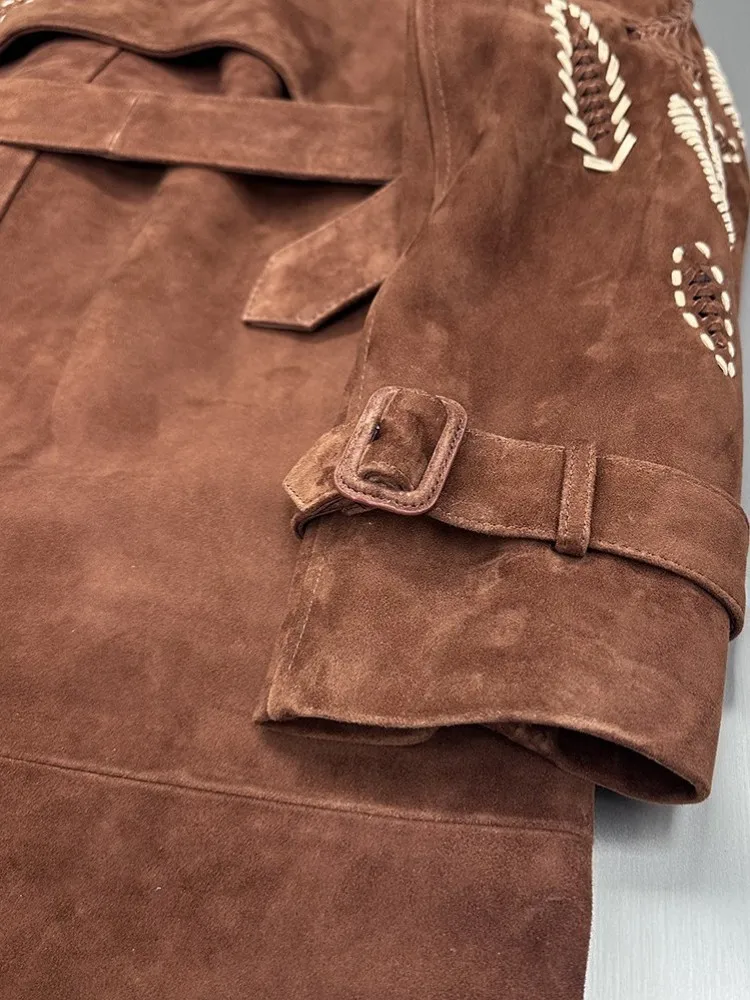 Leisure Lapel Belt Ladies Genuine Leather Trench Jacket Solid Color Sheep Suede Single-Breasted Warm Long Sleeves Outerwear