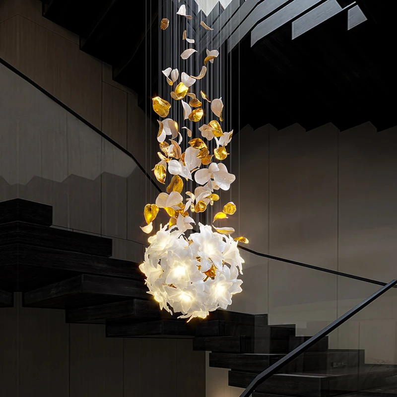

Luxury Stairscase Crystal Led Chandelier Flying Flower Fluttering Pendant Lighting for Loft Stairscase Flower Hanging Lamp Decor