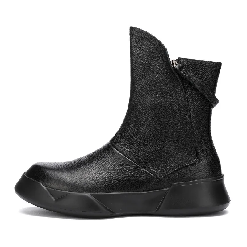 

New Design Men Motorcycle Boots Genuine Leather Double Zipper Thick Sole Mid Calf Chelsea Boots British Style Outdoor Work Boots