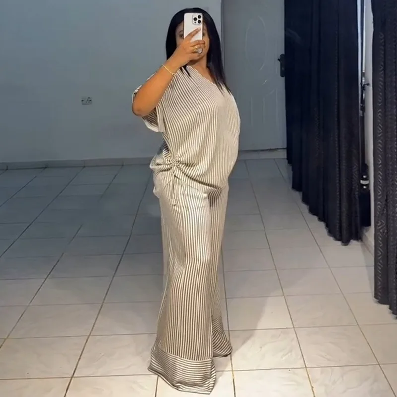

Summer New Casual Loose V-Neck Striped Short Sleeve Top and Wide Leg Pants Set 2026 European and American Cross-Border Women's