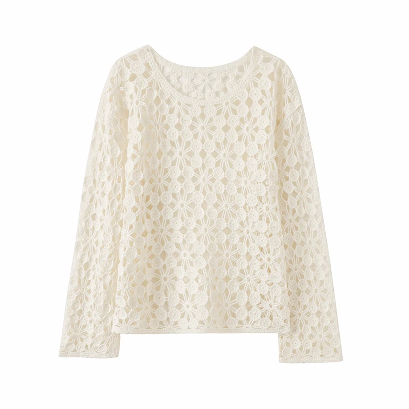 

New Fashion Crochet Hollow 100%Merino Wool Round Neck Pullover Women's Spring Autumn Sexy Crochet Fabric Sweater Women's Clothes